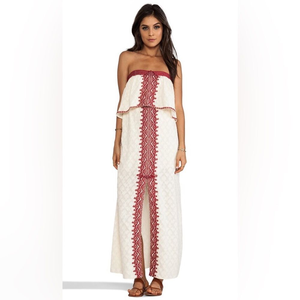 Free People Strapless Cream Maxi Dress with Red Embroidered Trim